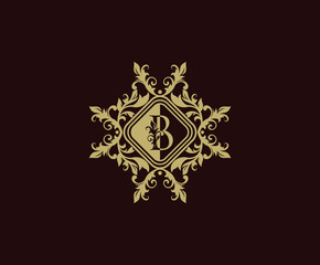 Luxury logo design with initial B. Elegant flourishes B Letter. Border carved frame logo template. Vintage vector element.