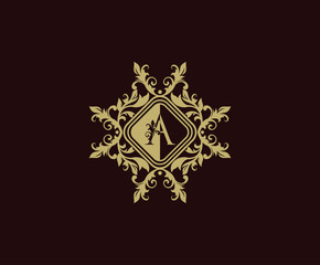 Luxury logo design with initial A. Elegant flourishes A Letter. Border carved frame logo template. Vintage vector element.