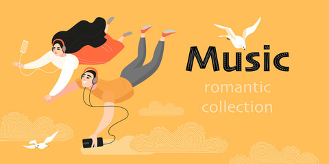 A symbolic image of a couple in love soaring in the sky and listening to romantic music