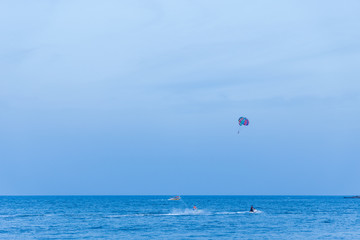 Parasailing at Corbyns Cove beach in Port Blair, Andaman and Nicobar Islands, India during the beach festival 2020. 