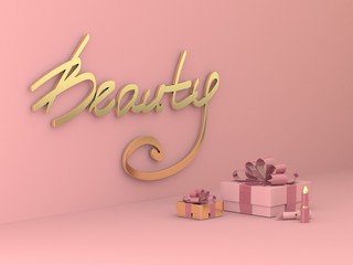 Greeting card for women "Beauty". Gold letters with lipstick and a gift on a gently pink background. Fashionable 3D illustration.