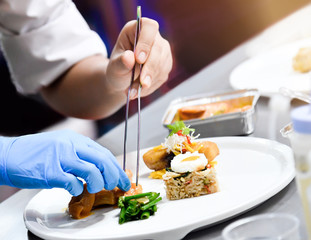 Chef preparing food, meal, in the kitchen, chef cooking, Chef decorating dish