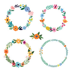 Fototapeta premium Spring collection with floral wreaths , different seasonal elements, isolated on white
