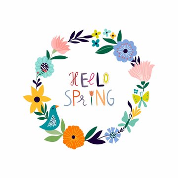 Spring card design with floral wreath, isolated on white