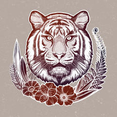 Tiger portrait in tropical flowers frame. Dreamy magic art. Night, nature, wicca symbol. Isolated vector illustration. Great outdoors, tattoo design.
