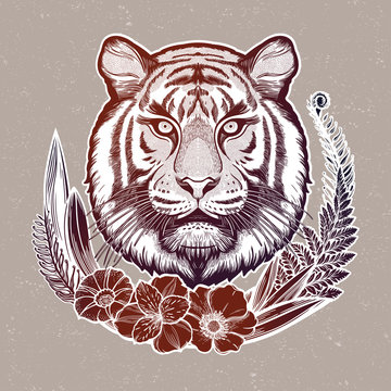 Tiger portrait in tropical flowers frame. Dreamy magic art. Night, nature, wicca symbol. Isolated vector illustration. Great outdoors, tattoo design.