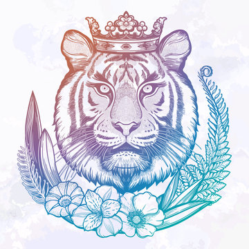 Tiger portrait in tropical flowers frame. Dreamy magic art. Night, nature, wicca symbol. Isolated vector illustration. Great outdoors, tattoo design.
