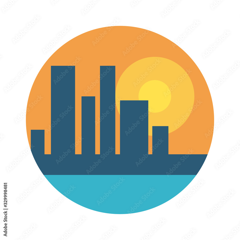 Poster cityscape scene with flat style icon