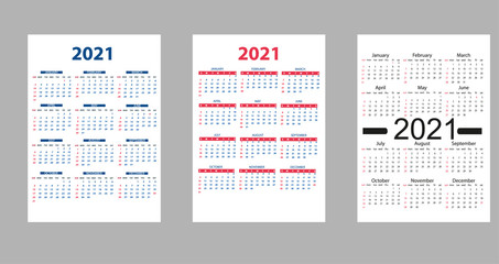 Calendar 2021 years. Colorful vector set. Week starts on Sunday. Vertical calender design template