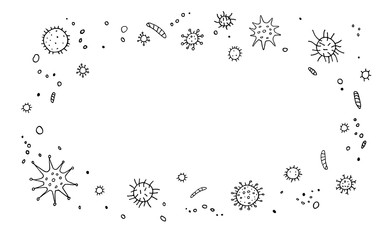 Background, frame with Virus. The Molecule viral bacteria infection. Coronavirus. Contour doodle outline hand drawn