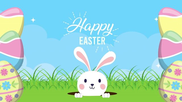 happy easter animated card with rabbit and eggs painted in the camp