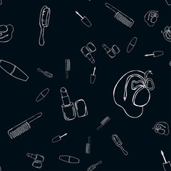 Seamless pattern of hand drawn graphic contour tools of various beauty salon.