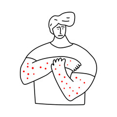 Man have problem with skin. Vector outline illustration on white background.