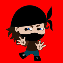 emoji with grumpy ninja wearing a mask or hood, japanese assassin ready to kill on red isolated background, simple colored emoticon