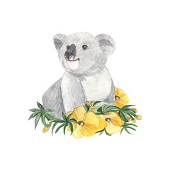 illustration of a koala with yellow flowers