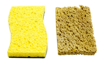 yellow kitchen sponge isolated against on white background in different poses. Sponge isolated on white background. Scrub yellow sponge design, close up Cleaning sponge.Before and after. new and used