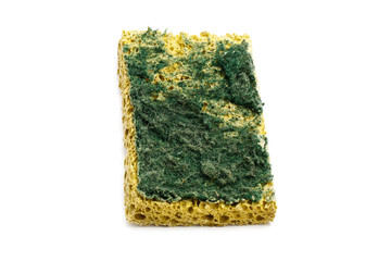 used yellow kitchen sponge isolated against on white background in different poses. Sponge isolated...