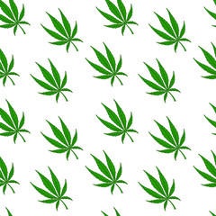 Vector illustration. seamless patterns. Cannabis leaves. Green leaves Isolated on white. Minimalism.