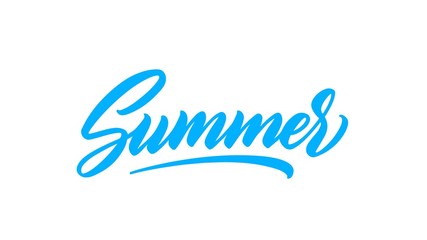 Summer hand drawn lettering. Vector isolated calligraphy inscription for print design and t shirt. Summer, blue lettering. Ready text isolated on white background.