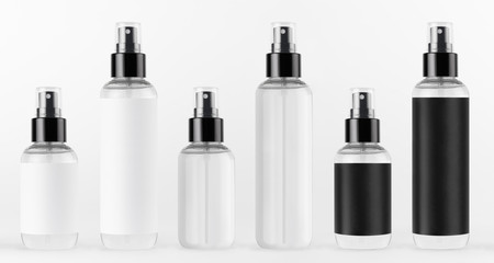 Collection tall and low spray dispenser bottles for cosmetics - transparent and with black, white label in a row on white background, mock up for design.