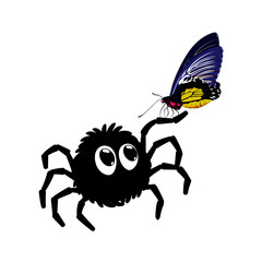 black funny spider looking at color butterfly. vector illustration. cartoon character. kids print. design element for label, sticker, baby book layout, t shirt. summer time