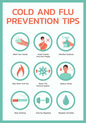 cold and flu prevention tips infographic, healthcare and medical about flu, fever and virus protection, vector flat symbol icon, layout, template illustration in vertical design