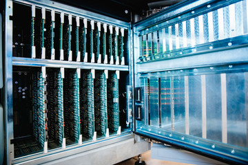 Close-up of microcircuit board for server computer, blue color