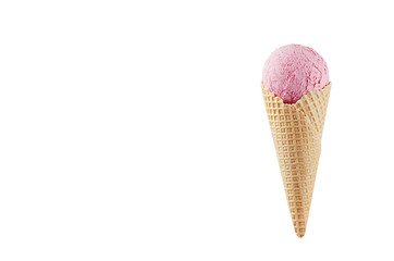 Strawberry ice cream in crisp waffle cone isolated on white background, mock up for design, summer food.