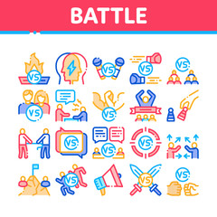 Fototapeta na wymiar Battle Competition Collection Icons Set Vector. Champion Battle, Box And Run Sport Championship, Chess And Karaoke, Loudspeaker And Sword Concept Linear Pictograms. Color Contour Illustrations