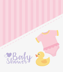 baby shower, pink bodysuit and duck toy celebration card