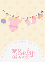 baby shower, pink hanging bodysuit socks pacifier ratlte celebration card