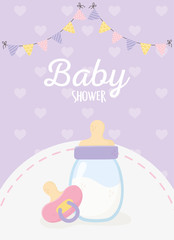 baby shower, milk bottle pacifier pennants hearts background purple