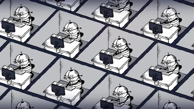 AI cartoon animation. Robots working in office as employees in cubicles. Artificial intelligence replacing simple work. Many people may become workless. Future unemployment. Science fiction loop. 
