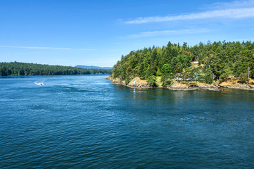 Obraz premium beautiful Southern Gulf Islands in the Strait of Georgia from the ferry. Islands with evergreen conifers and turquoise sea water on a bright sunny day. Trip from Vancouver to Victoria, Canada