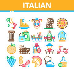 Italian Traditional Collection Icons Set Vector. Italian Pizza And Wine, Meal And Grape With Orange, Perfume And Fashion Cloth Accessories Concept Linear Pictograms. Color Contour Illustrations