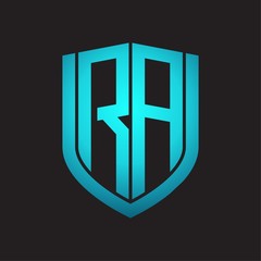 RA Logo monogram with emblem shield design isolated with blue colors on black background