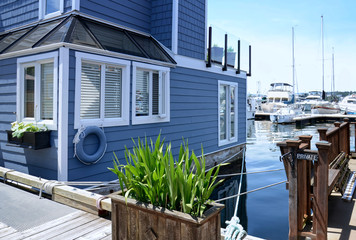 Victoria  city Inner Harbor landscape. Village of colorful floating houses. Fisherman Wharf in...