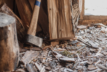 Old vintage axe among wood chips and wood,