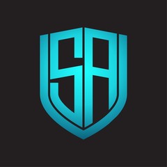 SA Logo monogram with emblem shield design isolated with blue colors on black background