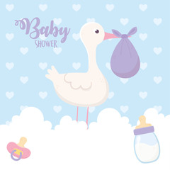 baby shower, stork with purple diaper and bottle pacifier on clouds decoration