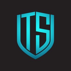 TS Logo monogram with emblem shield design isolated with blue colors on black background