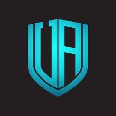 UA Logo monogram with emblem shield design isolated with blue colors on black background