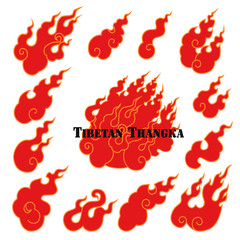 . Fiery tongues. A collection of various images of flame forks in the buddhist tradition. Vector isolated objects on white background. Clipart. © INESA