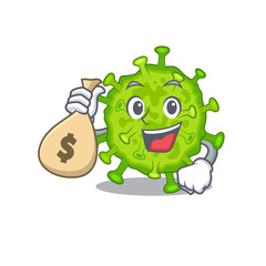 Smiley rich virus corona cell cartoon character bring money bags