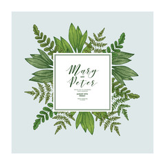 Wild leaves wedding invitation. Vintage floral design template.