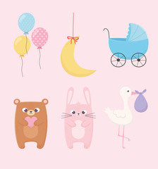 baby shower, pink rabbit teddy bear pram stork balloons and moon icons
