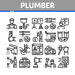 Plumber Profession Collection Icons Set Vector. Plumber Worker And Equipment, Faucet And Pipe Research, Instrument Case For Fixing Concept Linear Pictograms. Monochrome Contour Illustrations