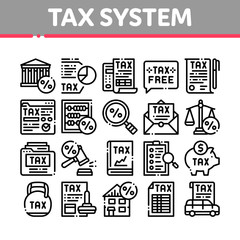 Tax System Finance Collection Icons Set Vector. Tax System Building And Car, Document And Mail Notice, Abacus And Scales Concept Linear Pictograms. Monochrome Contour Illustrations