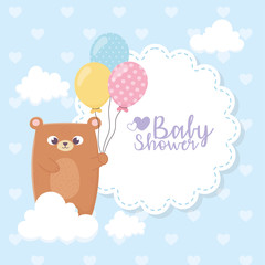 baby shower, teddy bear with balloons clouds hearts background