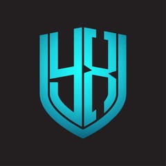 YX Logo monogram with emblem shield design isolated with blue colors on black background